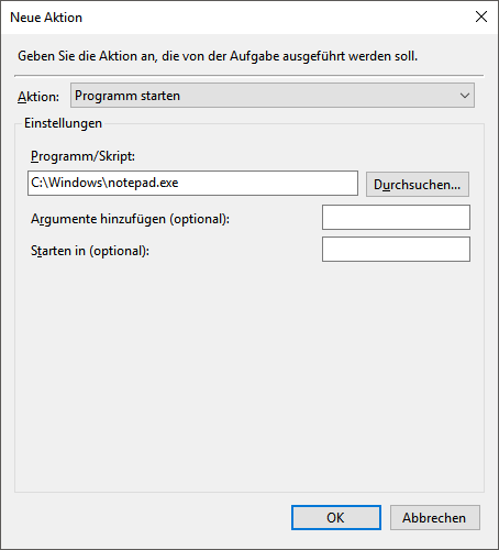 Aufgabe, Register ‘Aktionen’