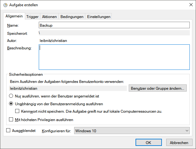 Aufgabe, Register ‘Allgemein’