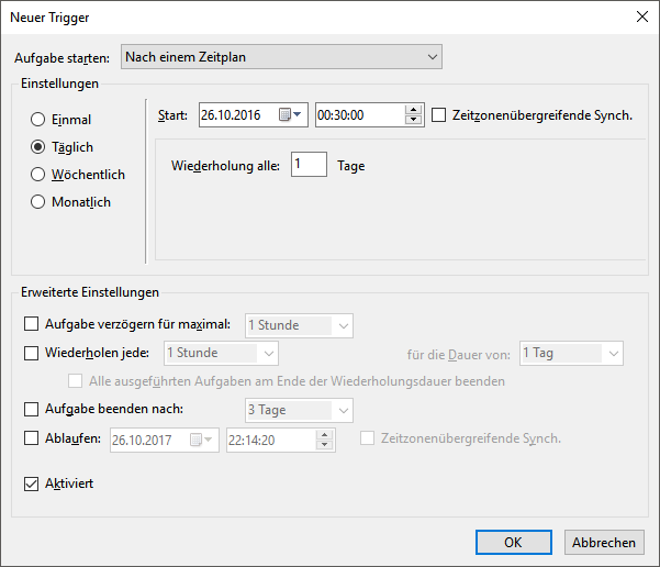 Aufgabe, Register ‘Trigger’